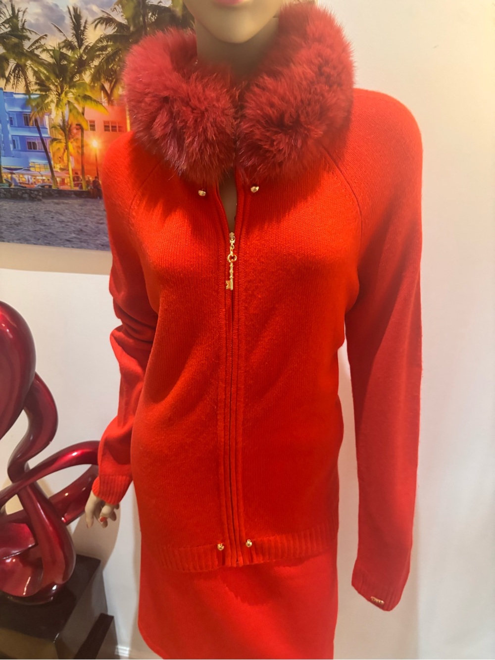St. John Red Zip 100% cashmere  Knit Cardigan Fox Fur Collar L XL  embellished